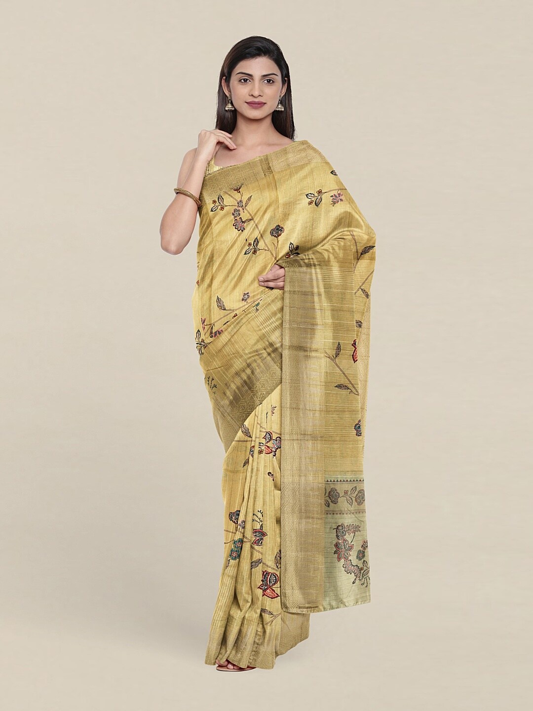 

Pothys Mustard & Green Printed Floral Zari Jute Silk Saree