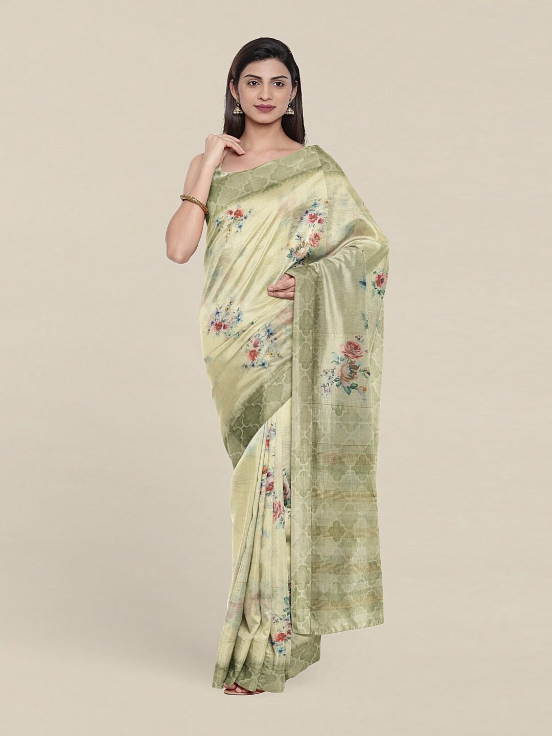 

Pothys Lime Green & Pink Printed Floral Jute Silk Saree