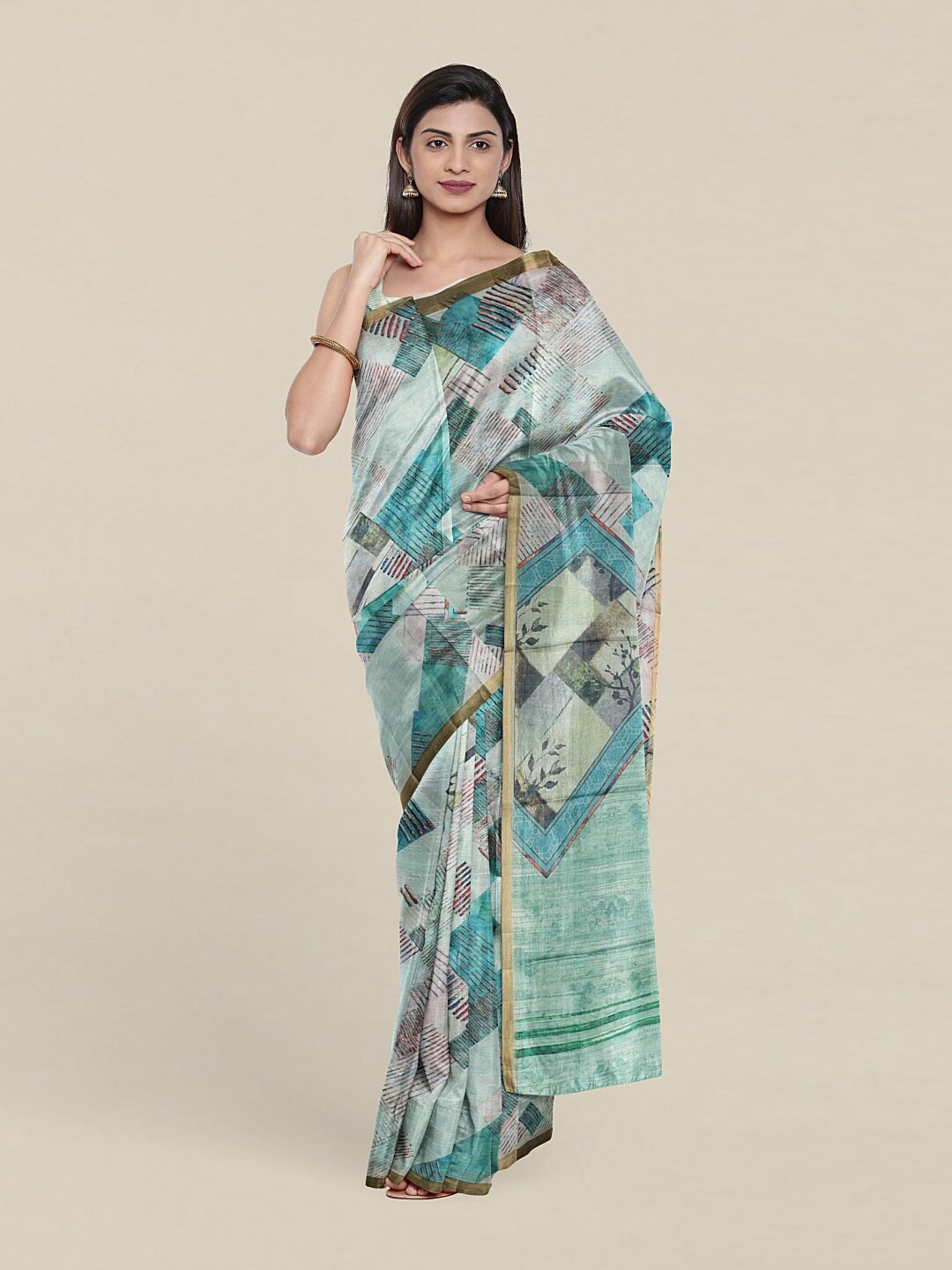 

Pothys Blue & Gold-Toned Printed Zari Jute Silk Saree