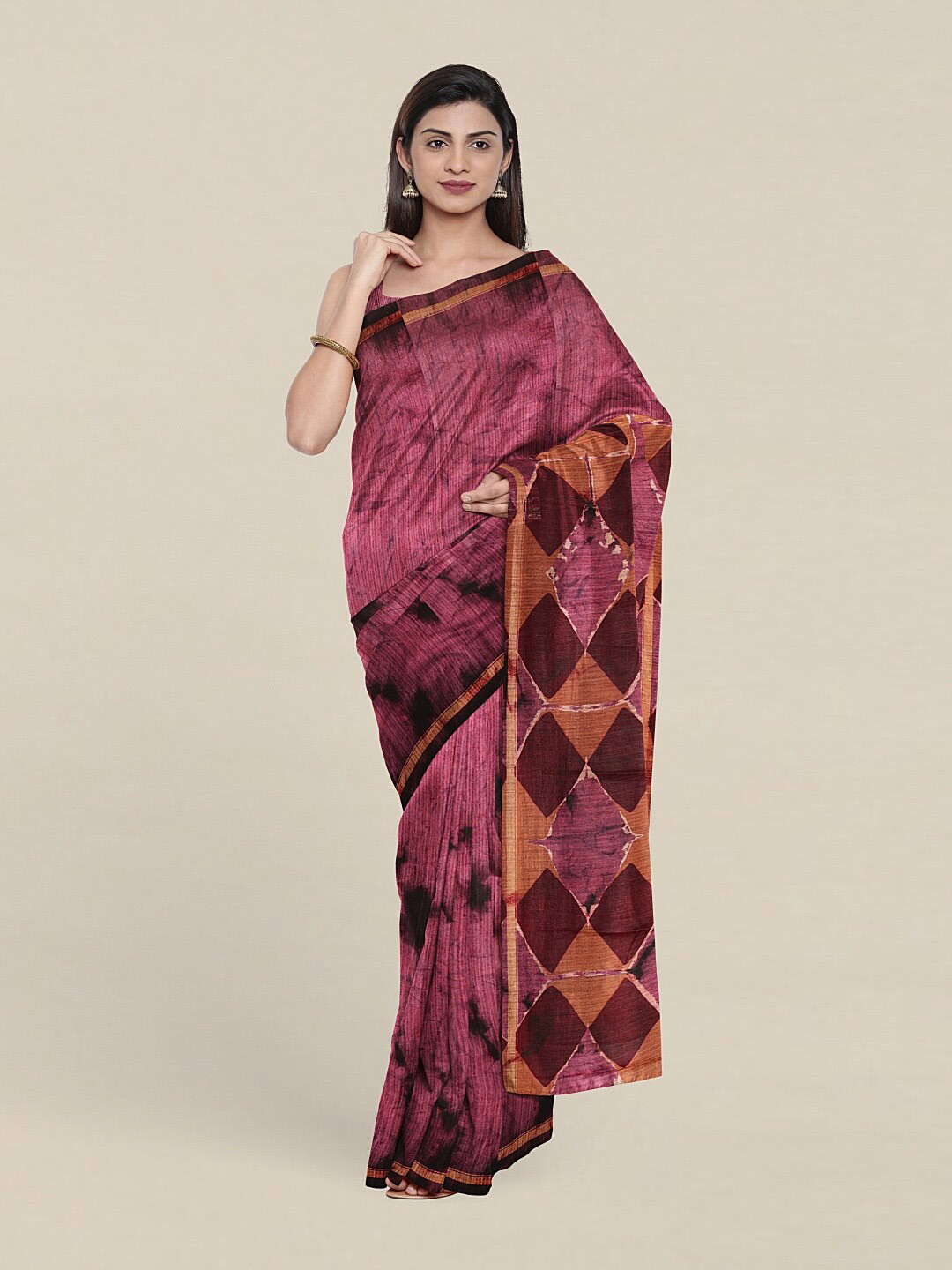 

Pothys Purple & Orange Printed Jute Silk Saree