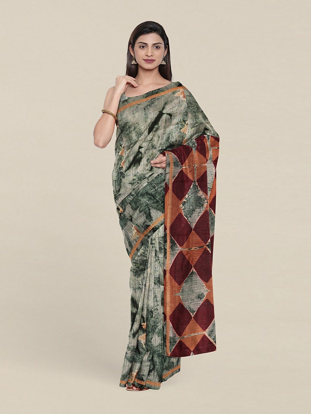 

Pothys Grey & Orange Jute Silk Saree