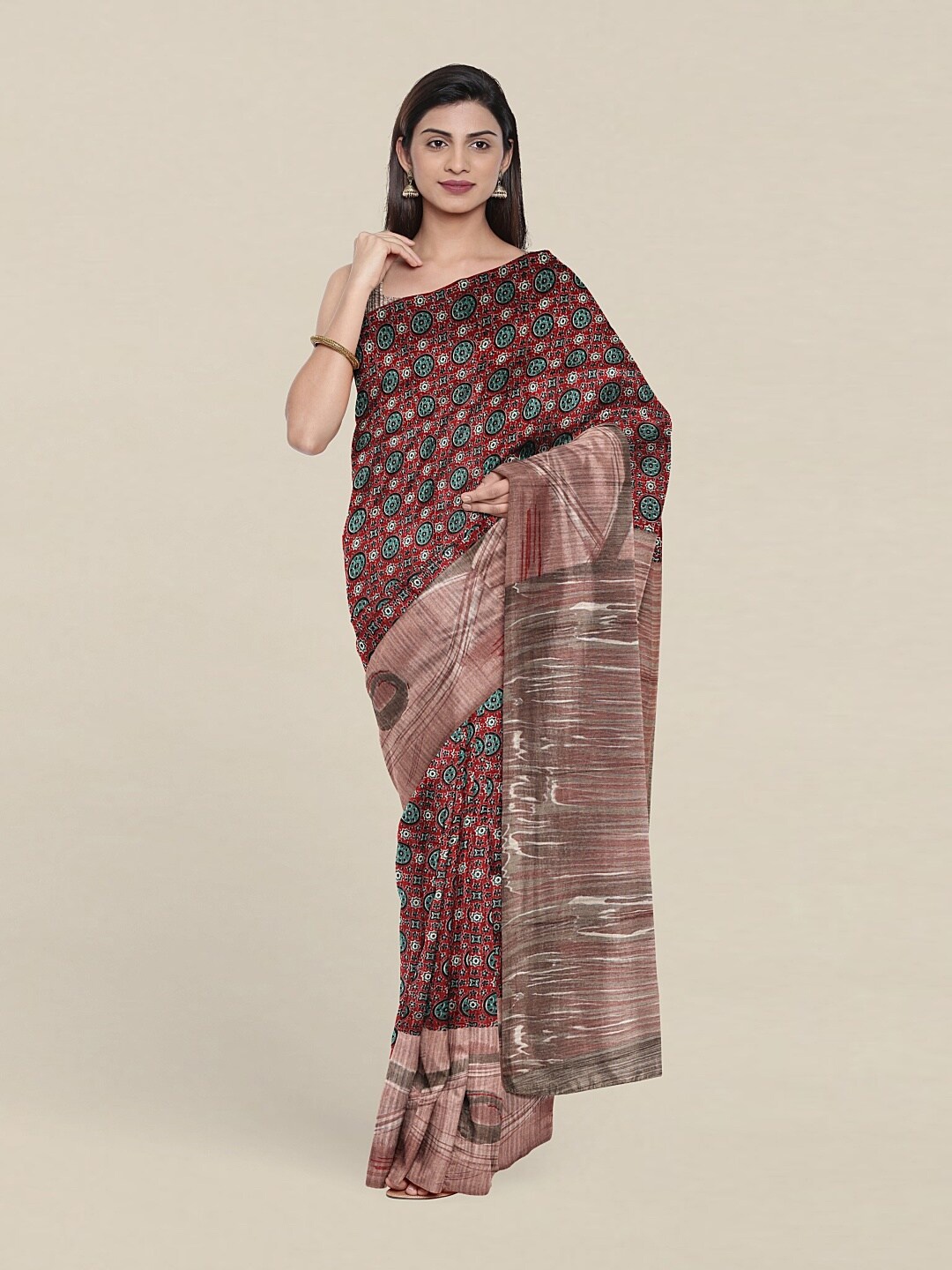 

Pothys Red Ethnic Motifs Jute Silk Saree