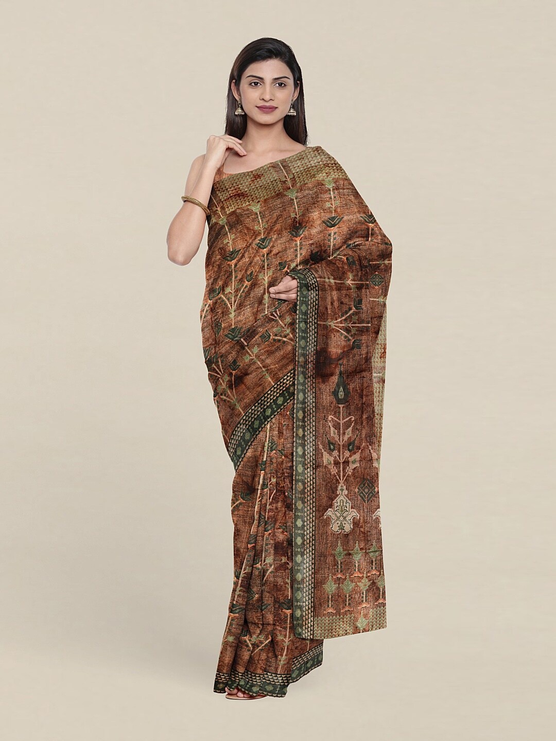 

Pothys Brown & Gold-Toned Ethnic Motifs Zari Jute Silk Saree