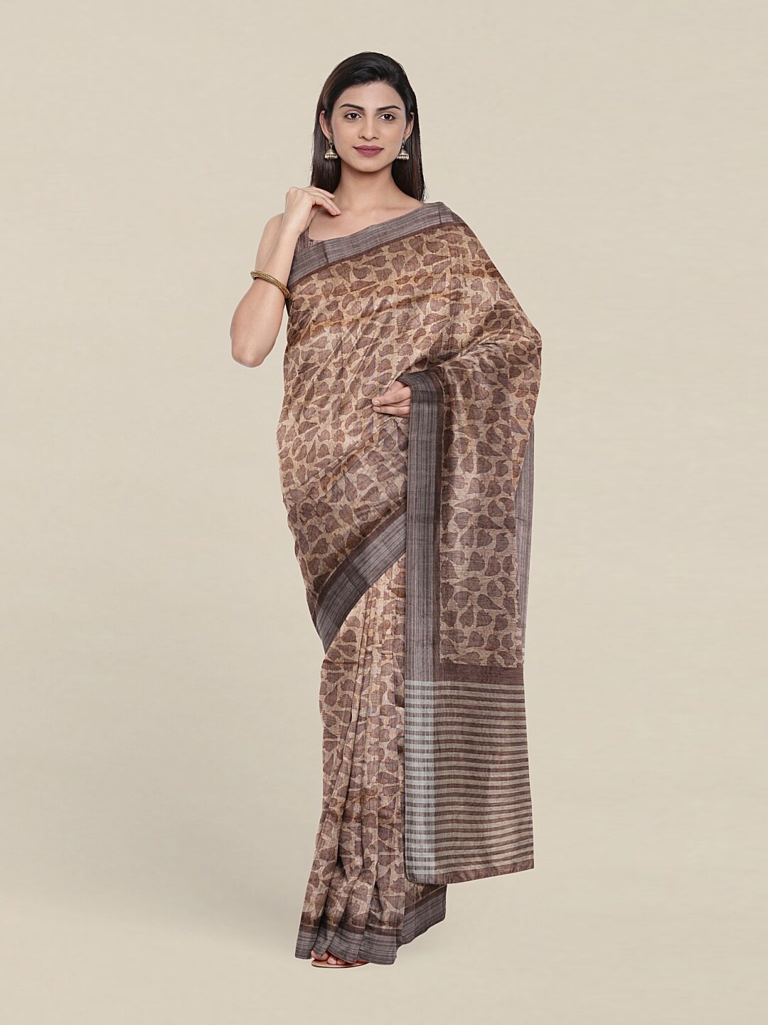 

Pothys Tan & Silver-Toned Floral Zari Jute Silk Saree