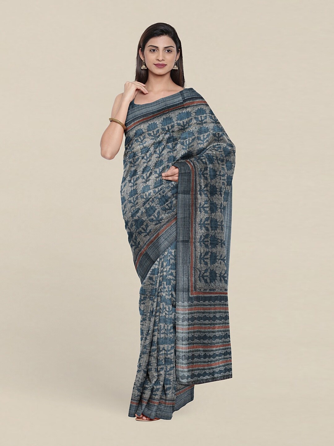 

Pothys Blue & Silver-Toned Floral Zari Jute Silk Saree