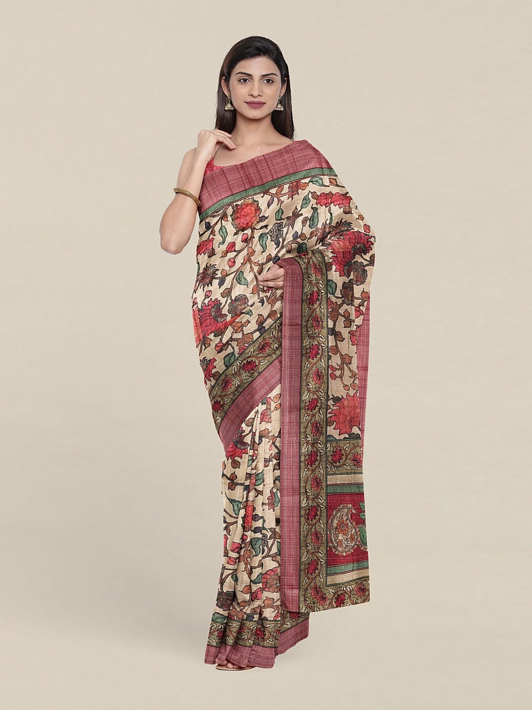 

Pothys Tan & Pink Floral Zari Jute Silk Saree