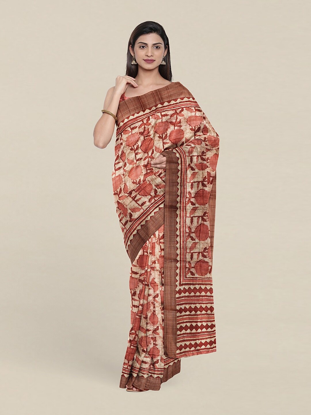 

Pothys Cream-Coloured & Brown Paisley Jute Silk Saree