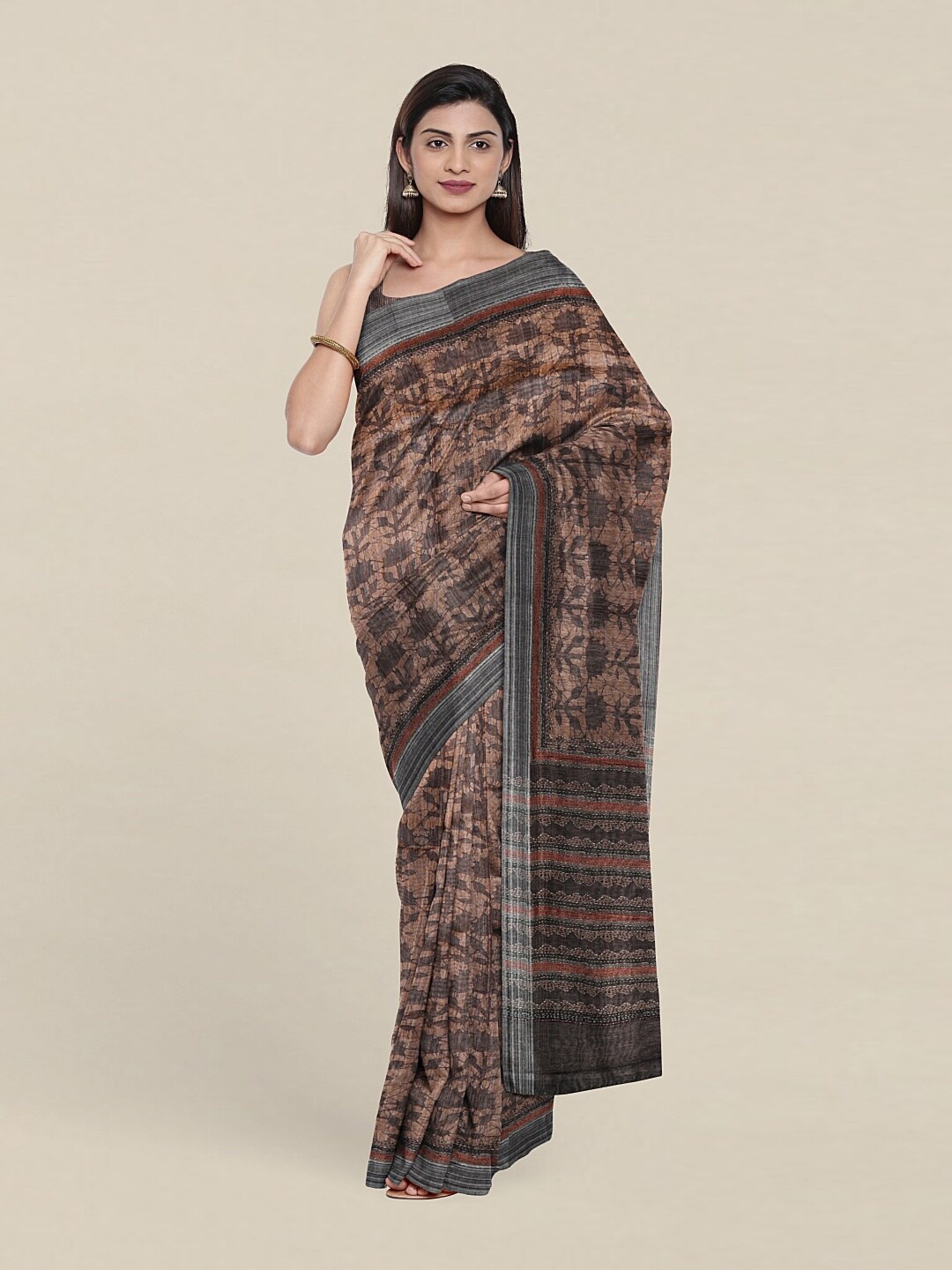 

Pothys Tan & Silver-Toned Floral Zari Jute Silk Saree