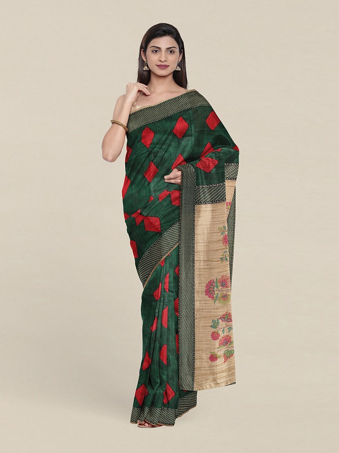 

Pothys Green & Red Floral Jute Silk Saree