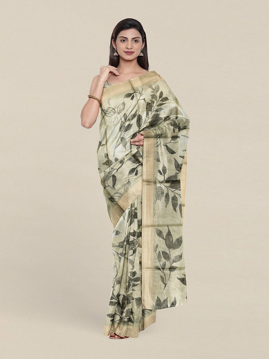 

Pothys Green & Grey Floral Jute Silk Saree