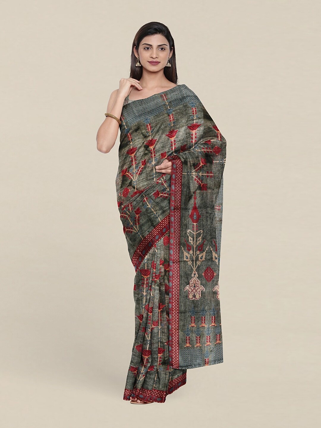 

Pothys Green & Red Floral Jute Silk Saree