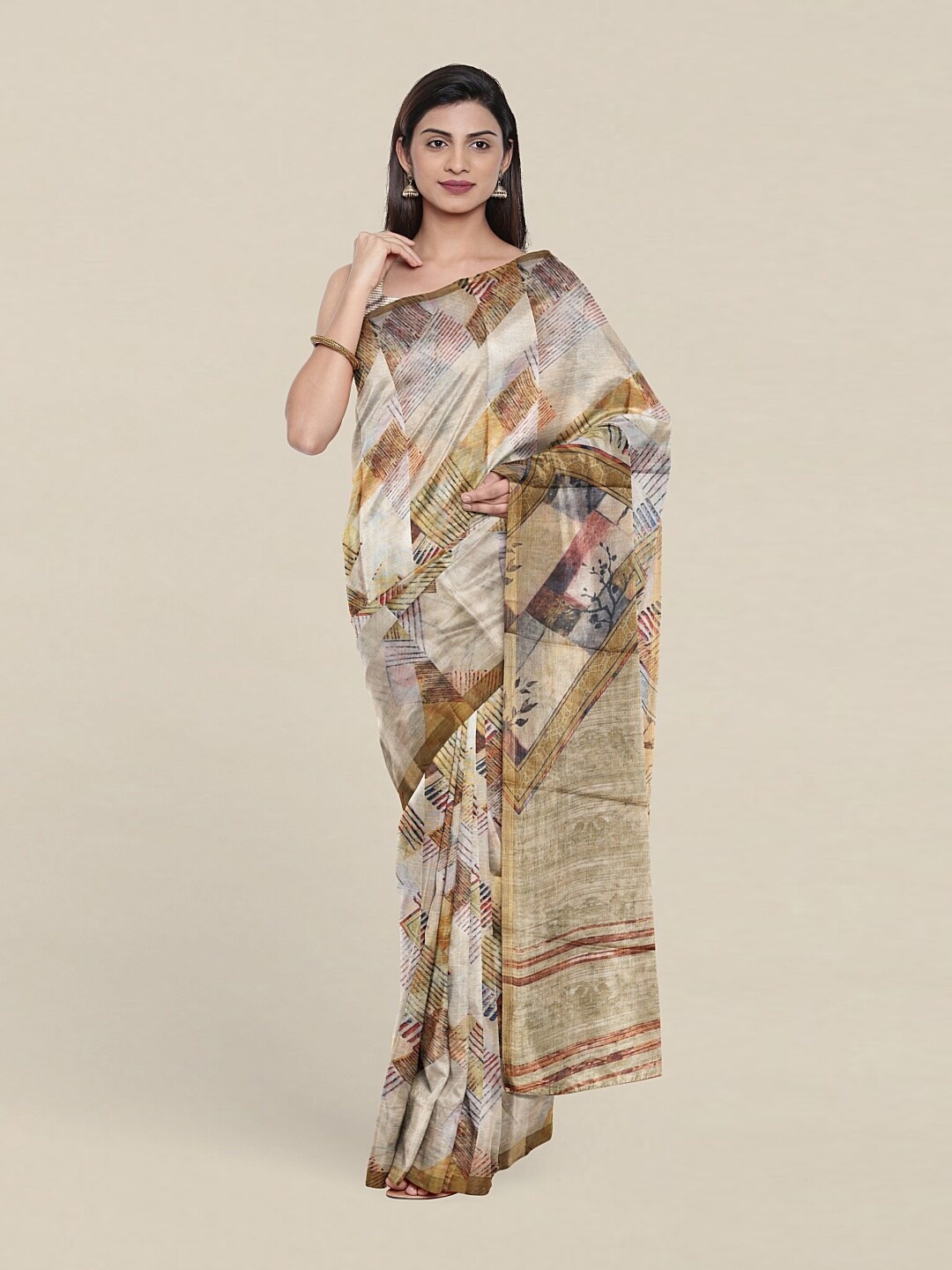 

Pothys Cream-Coloured & Pink Zari Jute Silk Saree