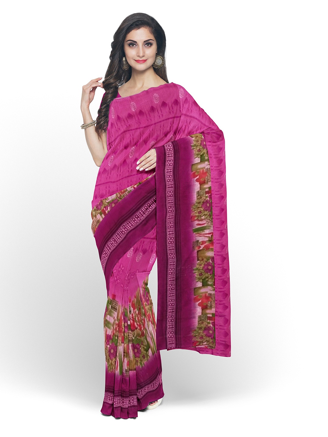 

SAADHVI Pink & Green Floral Pure Georgette Dharmavaram Saree