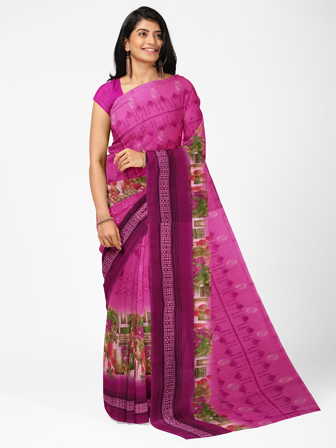 SAADHVI Pink & Green Floral Printed Pure Georgette Dharmavaram Saree