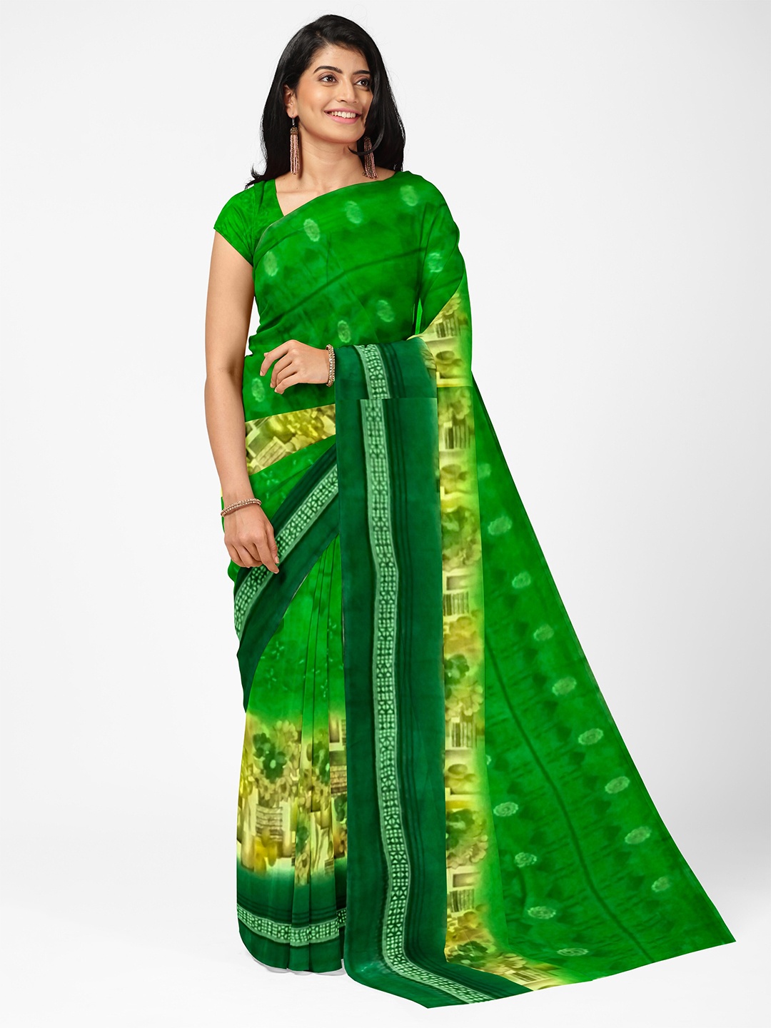 

SAADHVI Green & Beige Floral Pure Georgette Dharmavaram Saree