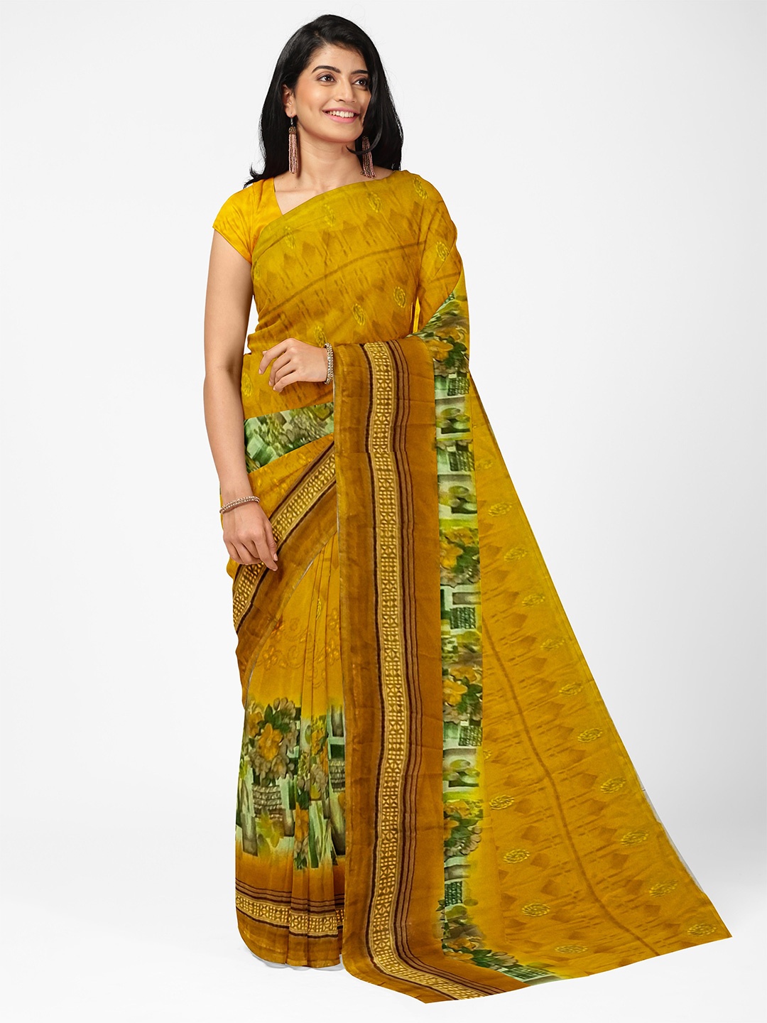

SAADHVI Yellow & Green Floral Pure Georgette Dharmavaram Saree