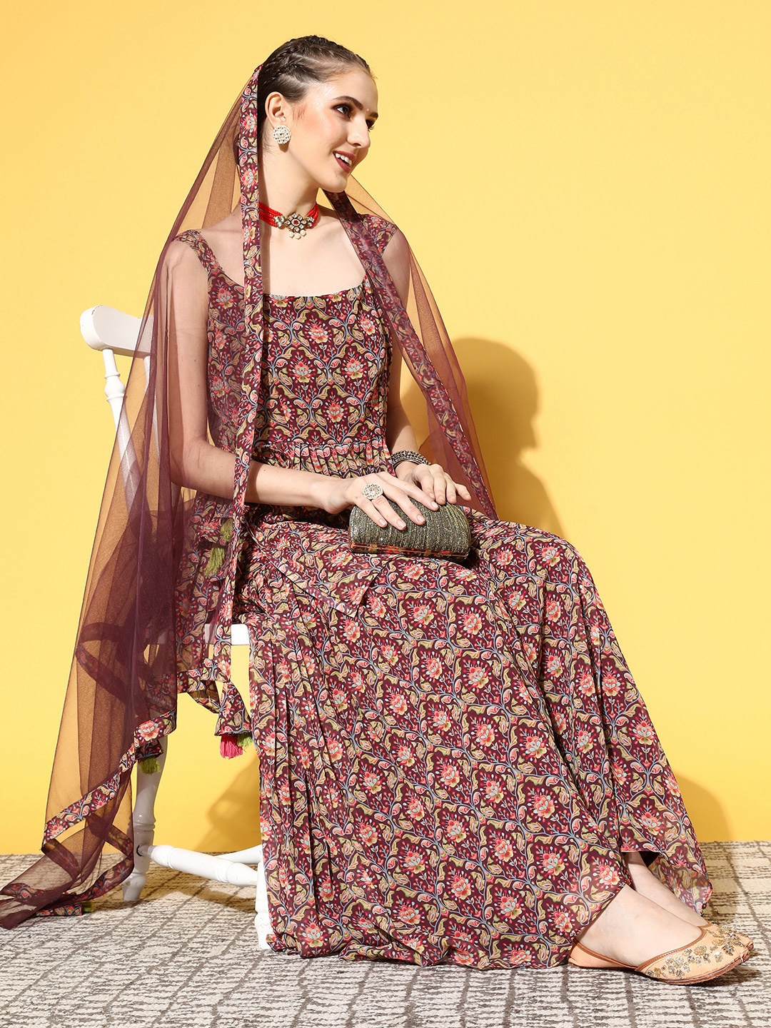 Inddus Women Ethnic Motifs Poly Georgette Print Parade Kurta Set, Burgundy