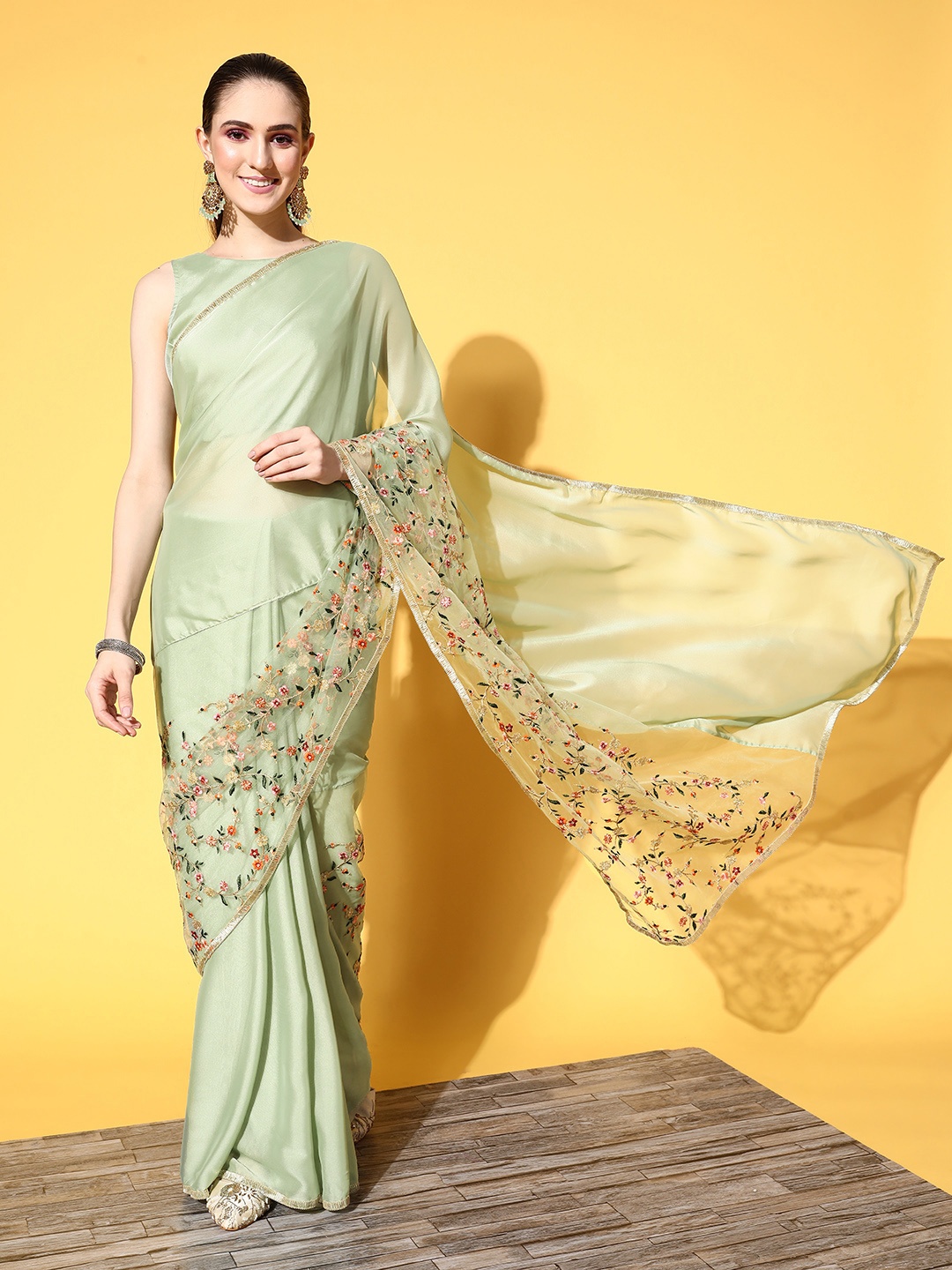 

Inddus Solid Satin Saree with Embroidered border, Green