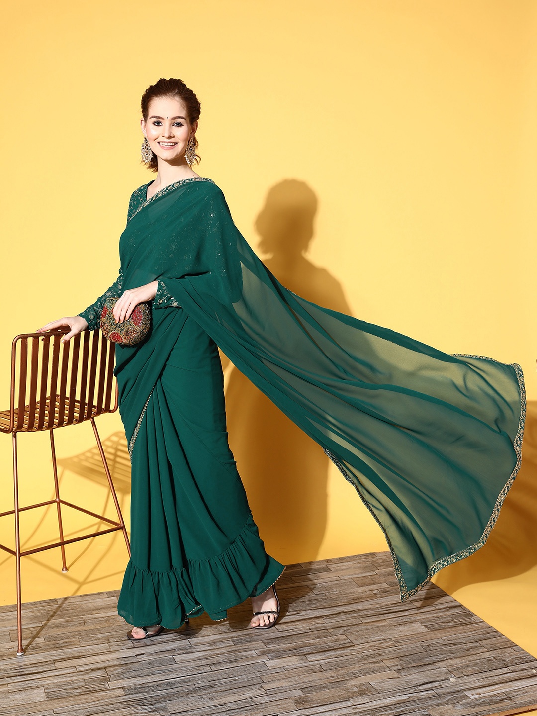 

Inddus Floral Saree with Embellished border, Green