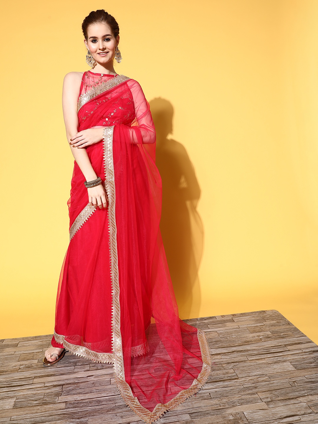 

Inddus Solid Saree with Embroidered border, Pink