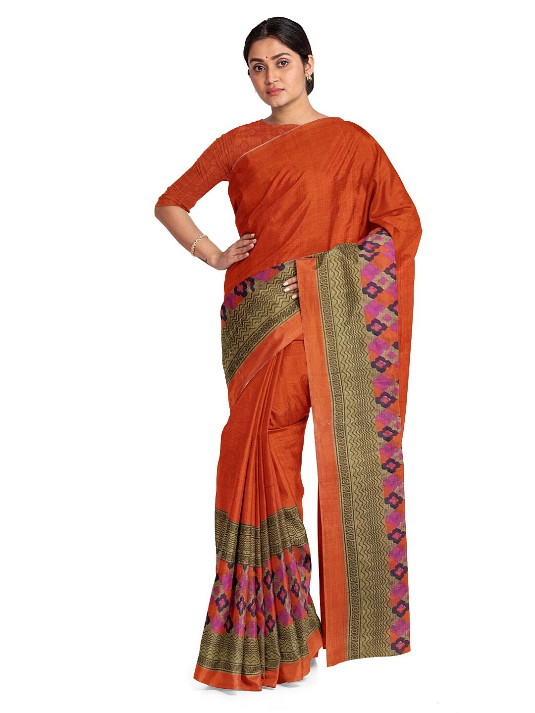 

KALINI Orange & Beige Ethnic Motifs Pure Georgette Dharmavaram Saree