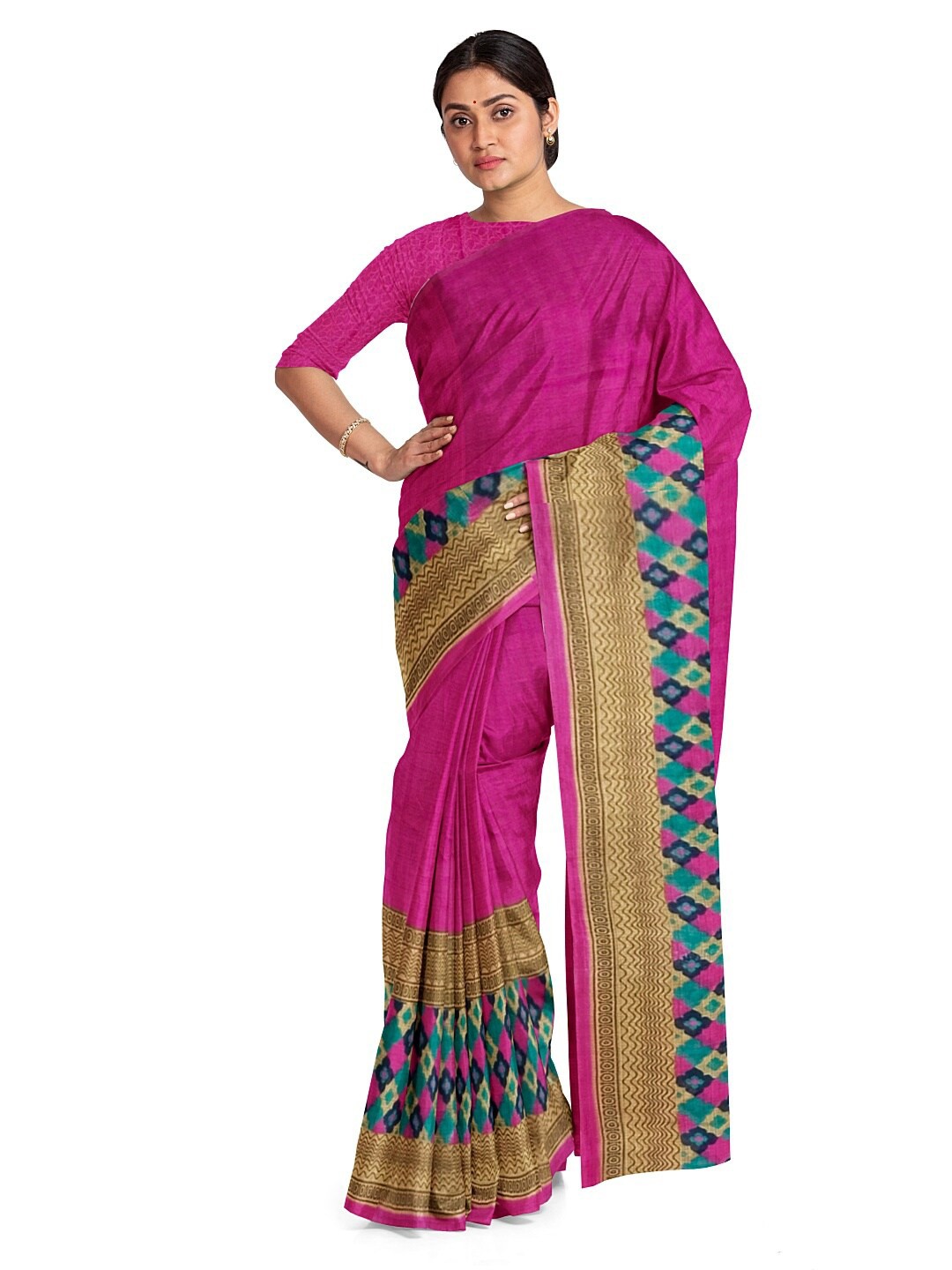 

KALINI Pink & Blue Ethnic Motifs Pure Georgette Dharmavaram Saree
