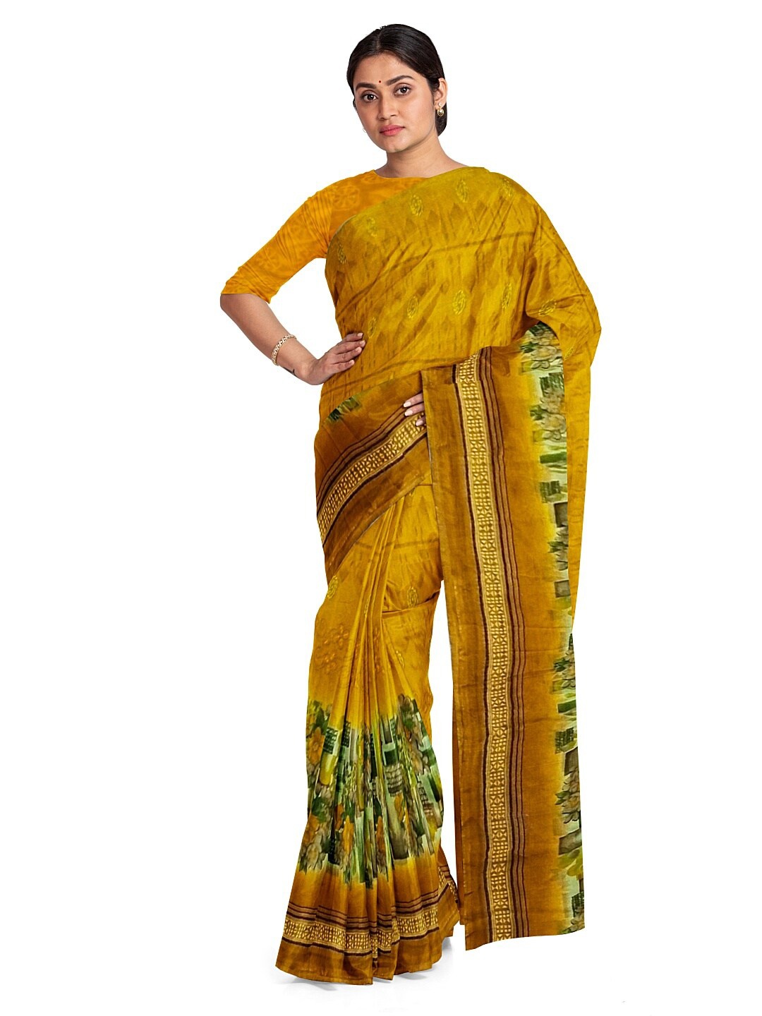 

KALINI Yellow & Green Floral Printed Pure Georgette Saree