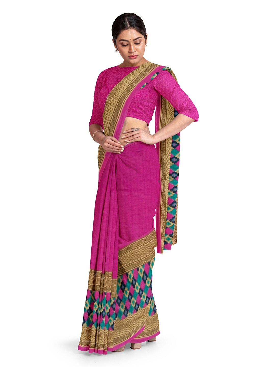 

Florence Pink & Green Ethnic Motifs Pure Georgette Fusion Dharmavaram Saree