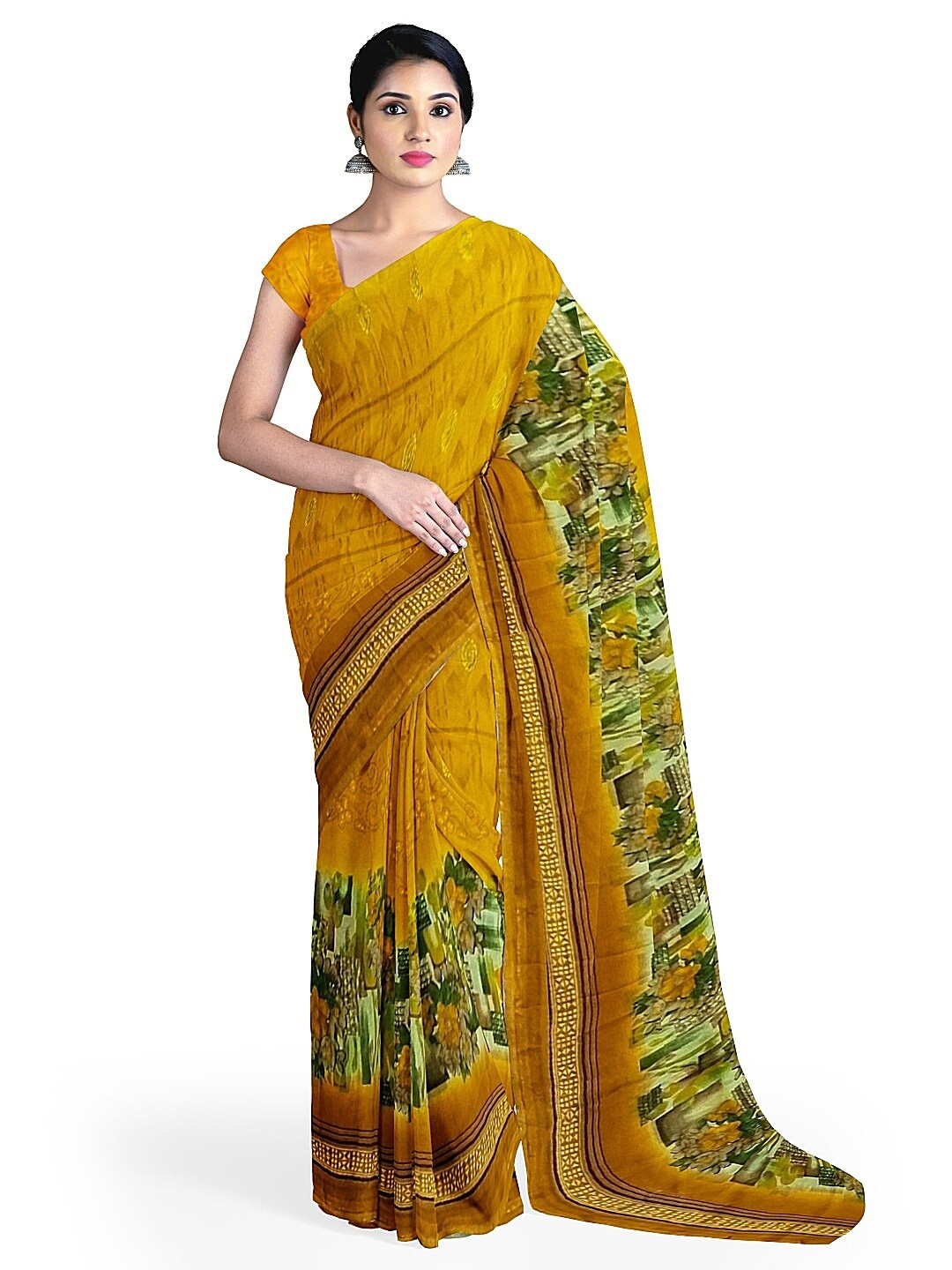 

KALINI Yellow & Green Floral Printed Pure Georgette Dharmavaram Saree