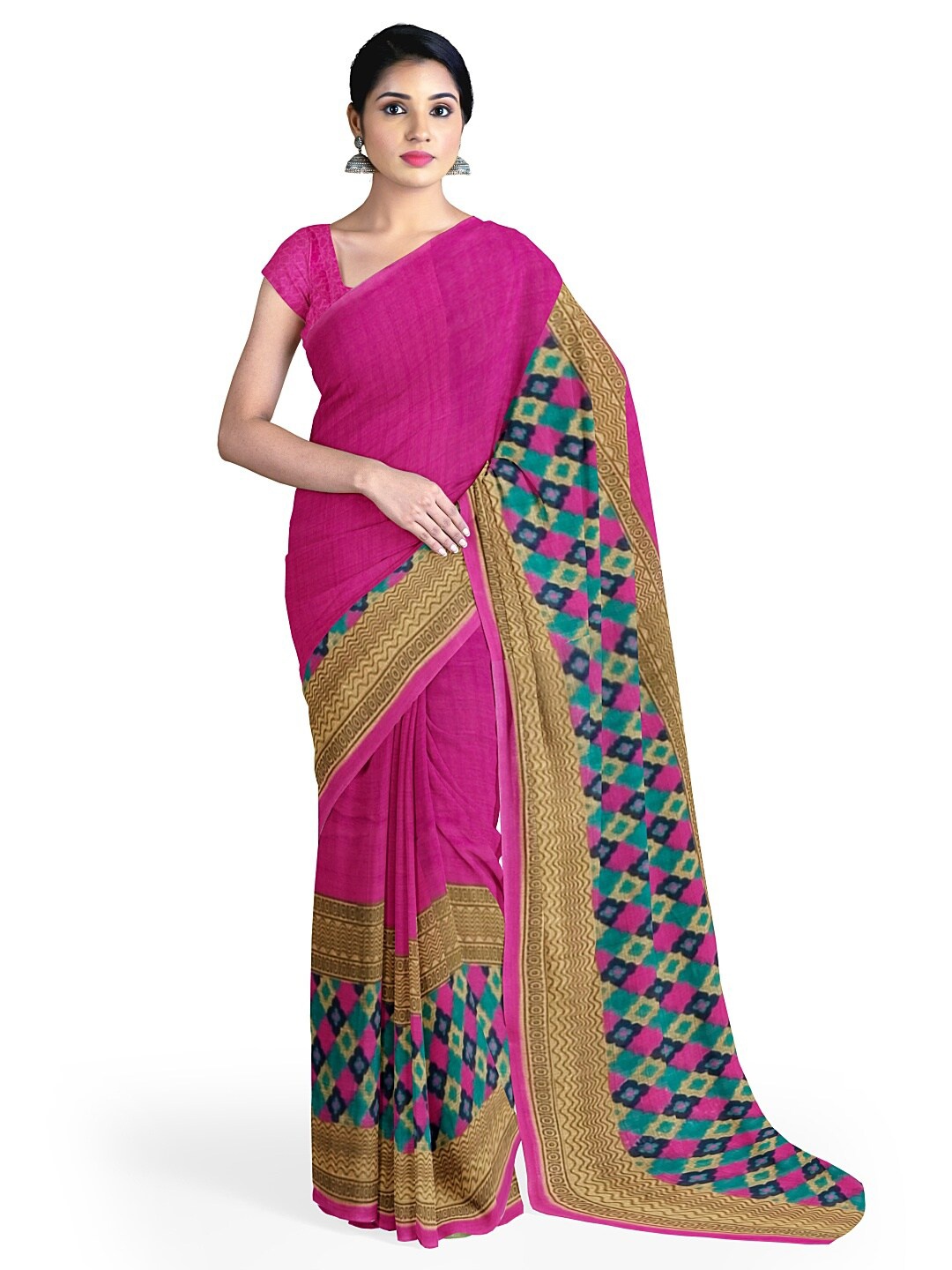 

KALINI Pink & Blue Ethnic Motifs Pure Georgette Dharmavaram Saree
