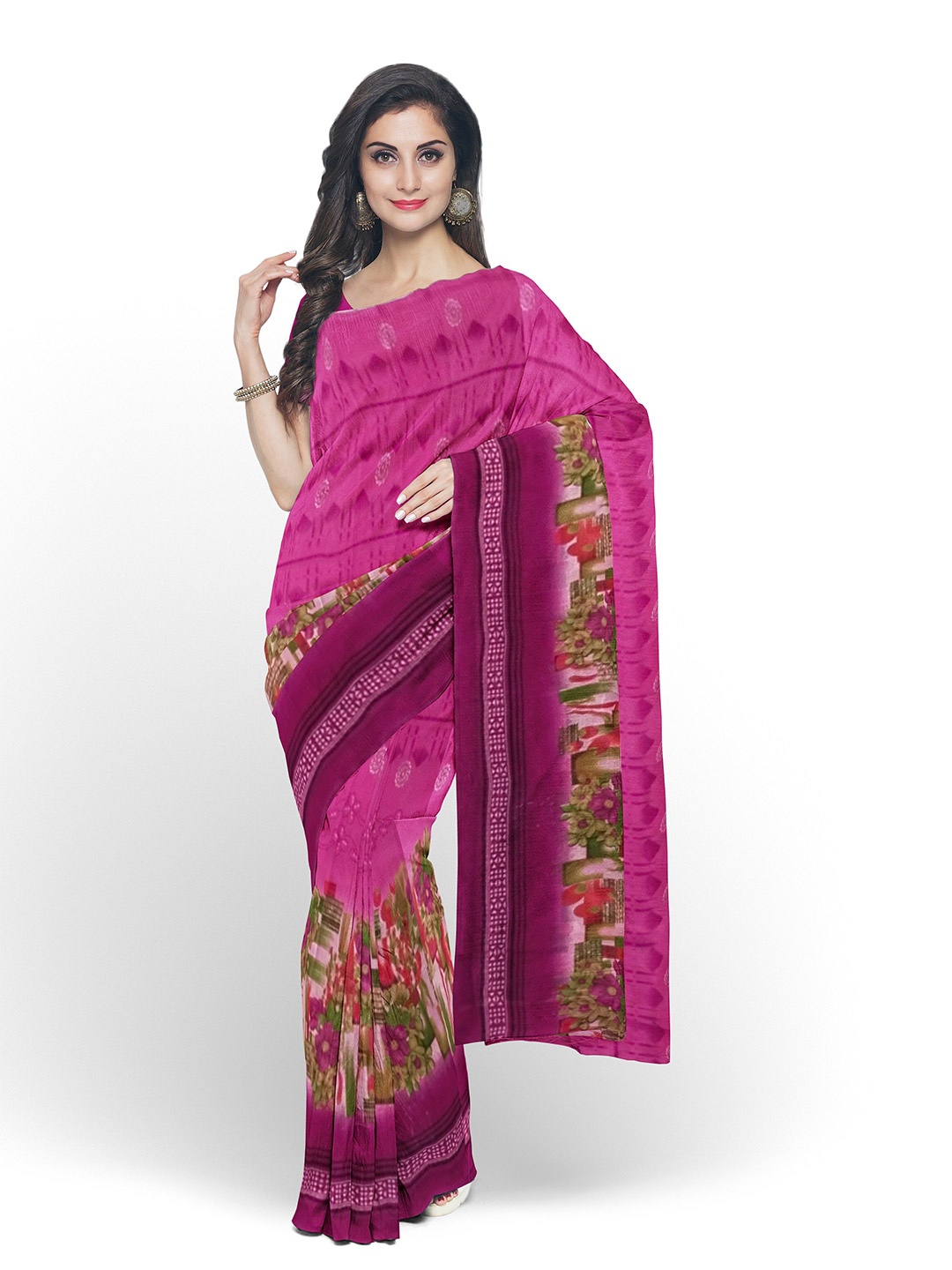 KALINI Pink & Green Floral Pure Georgette Fusion Dharmavaram Saree