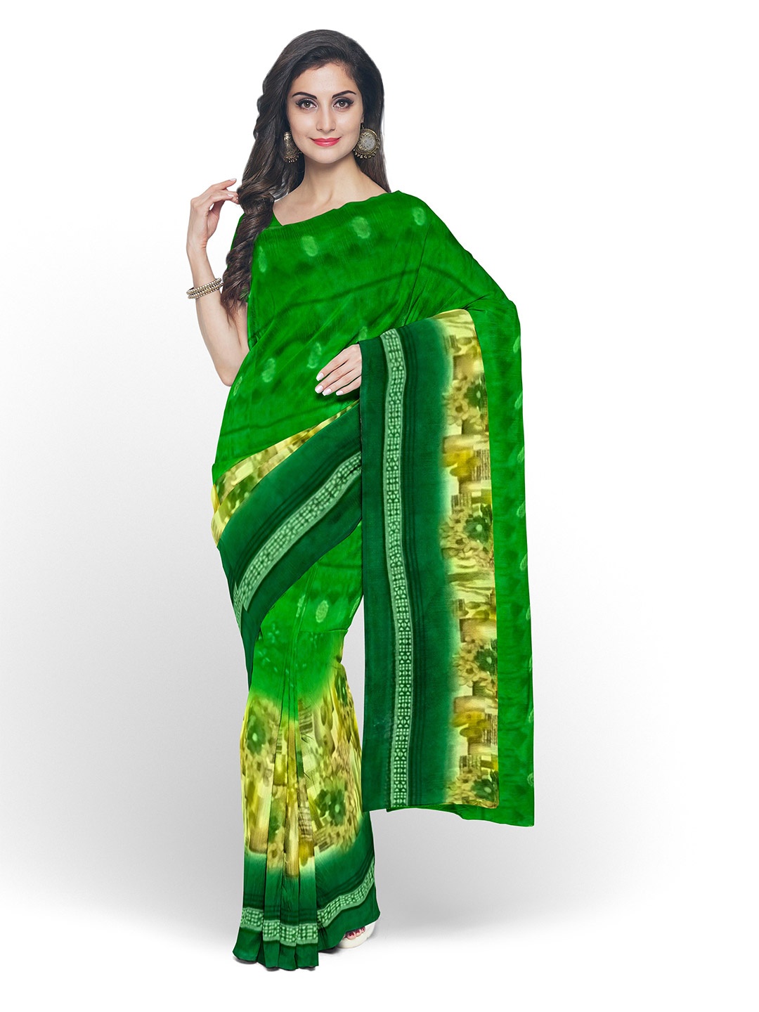 

KALINI Green & Beige Floral Pure Georgette Fusion Dharmavaram Saree