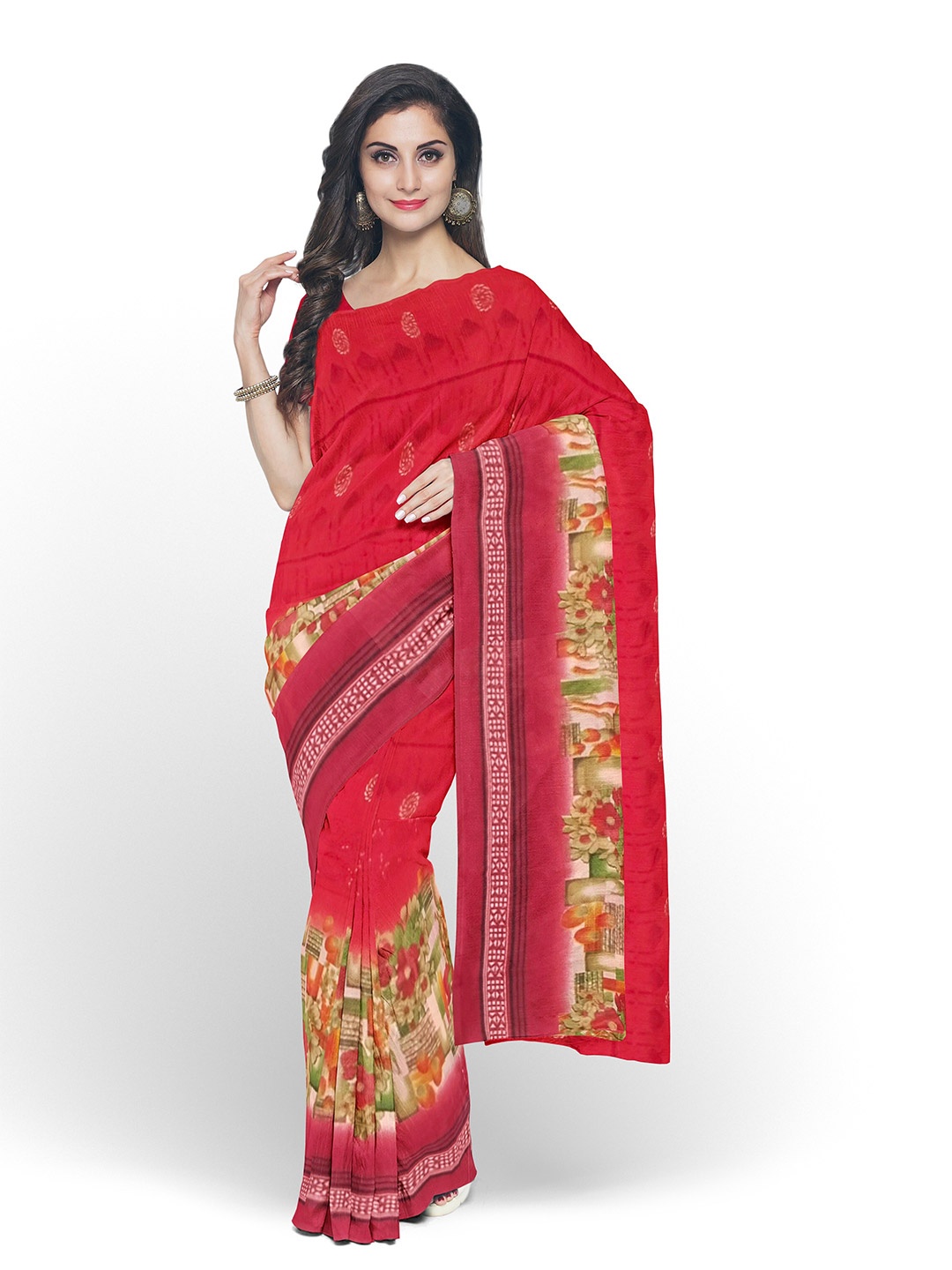 

KALINI Peach-Coloured & Red Floral Pure Georgette Dharmavaram Saree