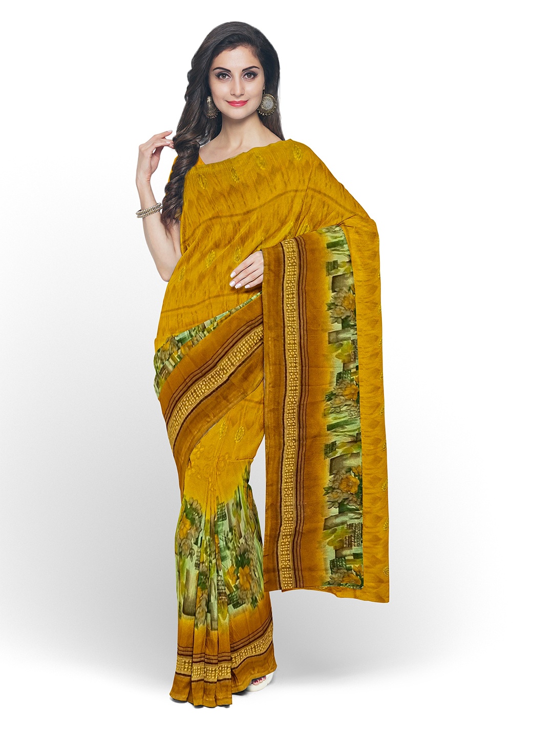 Florence Yellow & Green Floral Pure Georgette Dharmavaram Saree