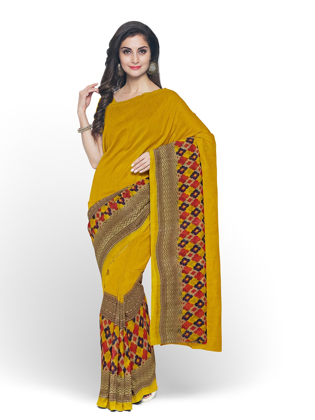 

Florence Yellow & Pink Printed Pure Georgette Dharmavaram Saree