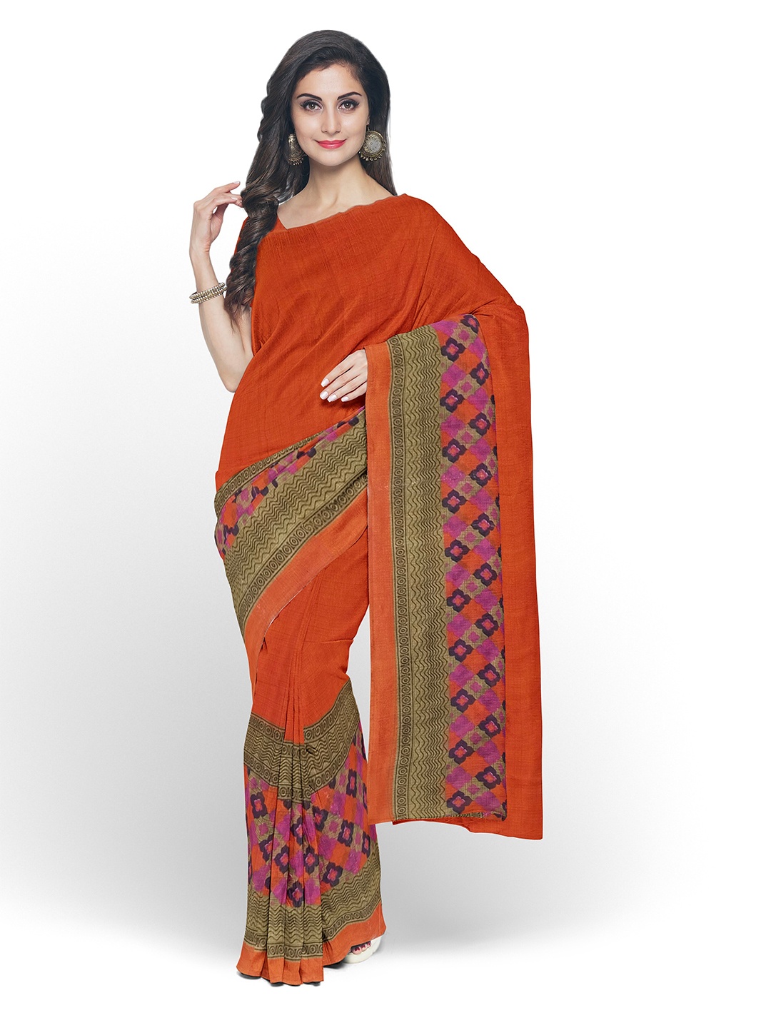 

Florence Orange & Green Pure Georgette Dharmavaram Saree
