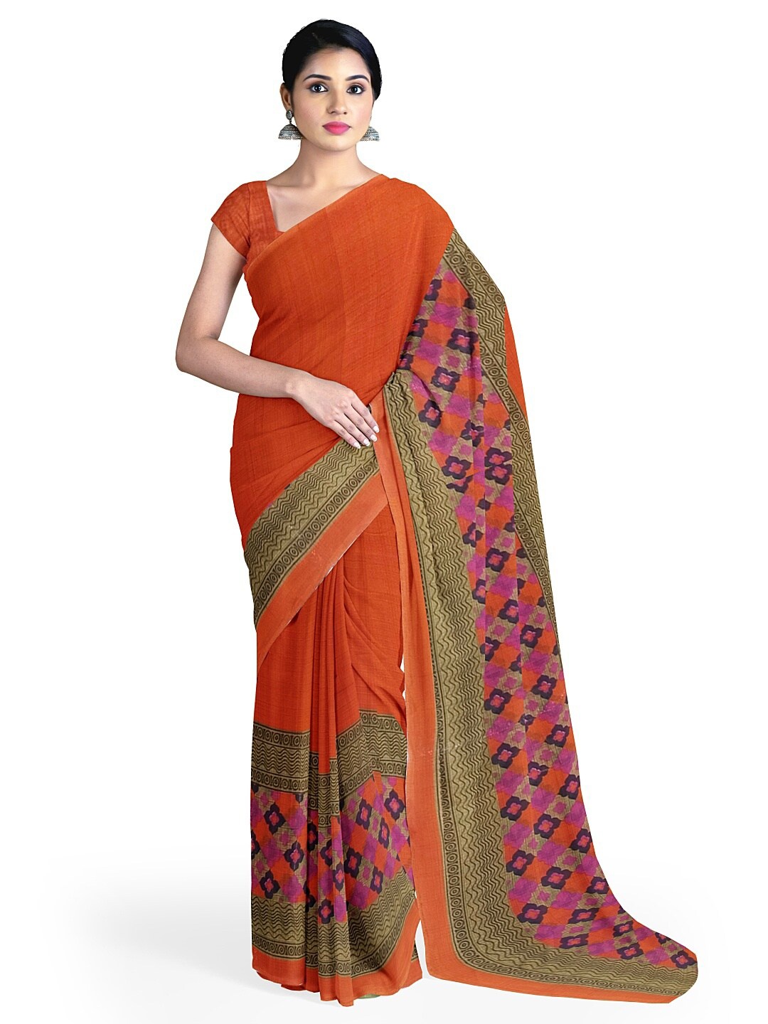 

Florence Women Orange & Purple Floral Pure Georgette Fusion Dharmavaram Saree