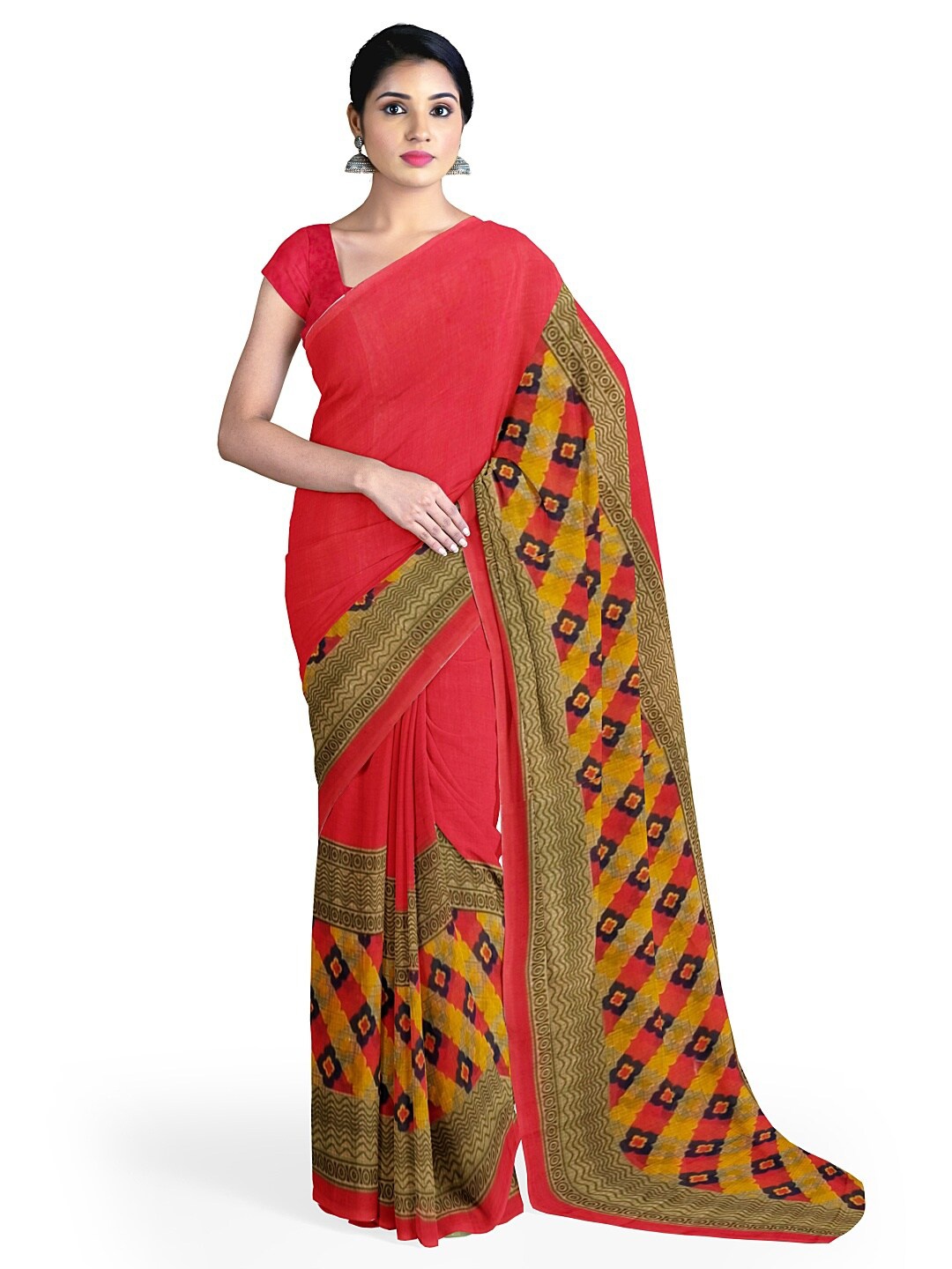 

Florence Peach-Coloured & Mustard Ethnic Motifs Pure Georgette Fusion Dharmavaram Saree