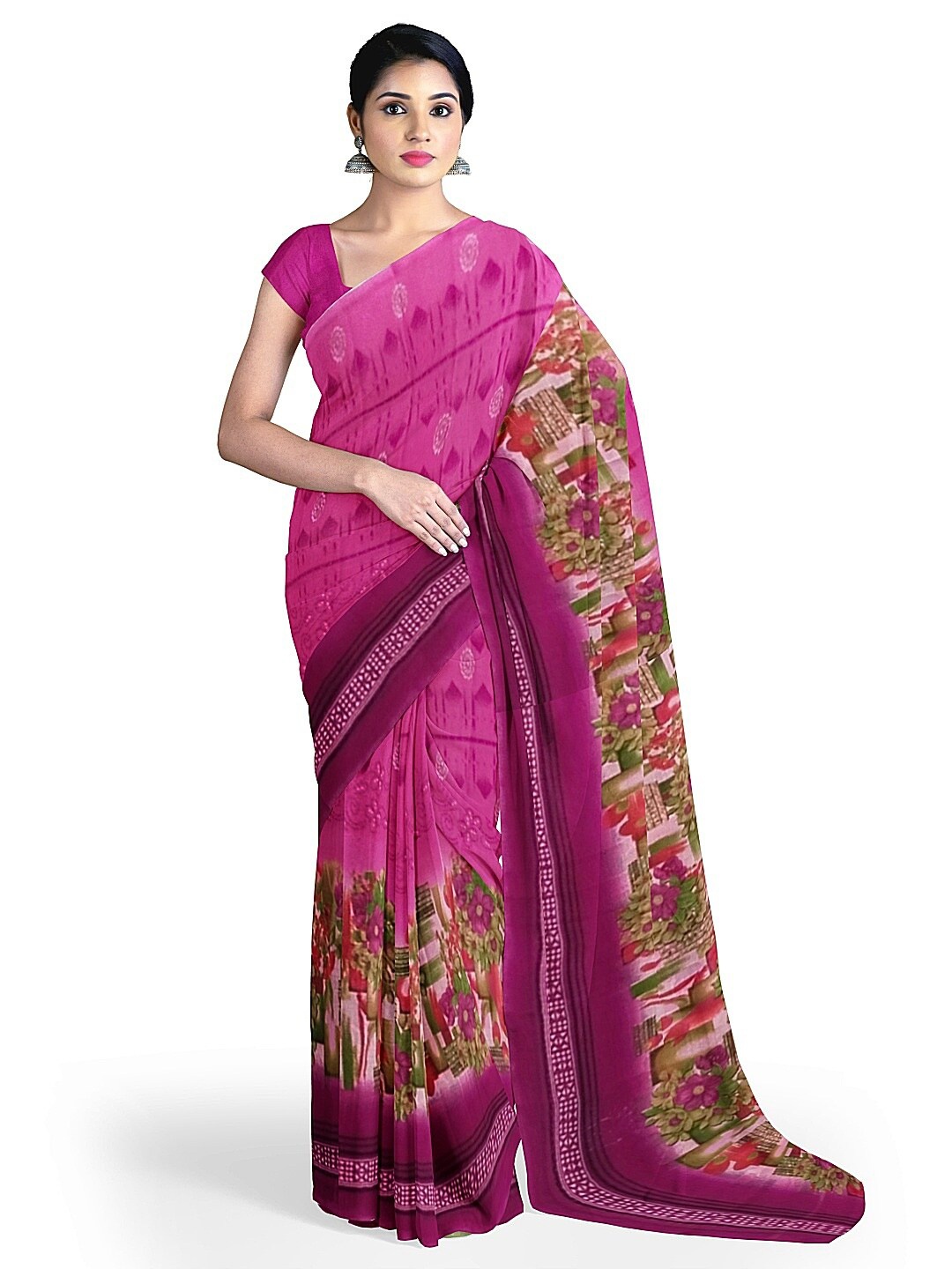 

Florence Pink & Green Floral Pure Georgette Fusion Dharmavaram Saree