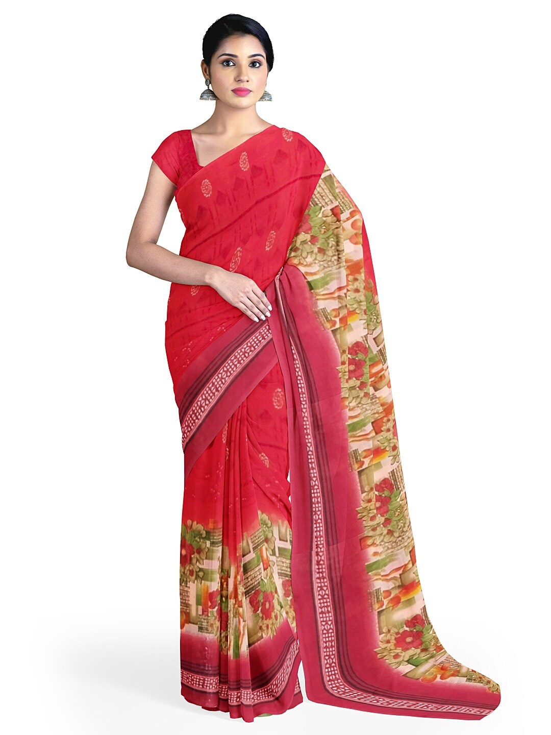 

Florence Peach-Coloured & Green Floral Pure Georgette Fusion Dharmavaram Saree