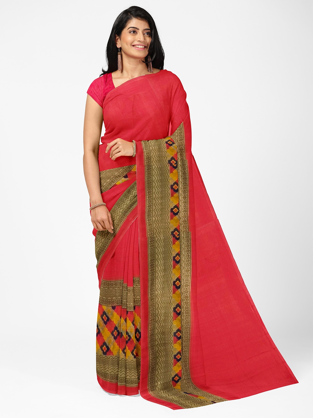 

KALINI Peach-Coloured & Blue Ethnic Motifs Pure Georgette Fusion Dharmavaram Saree