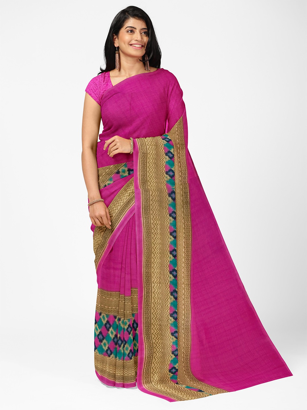 

KALINI Pink & Brown Ethnic Motifs Pure Georgette Fusion Dharmavaram Saree