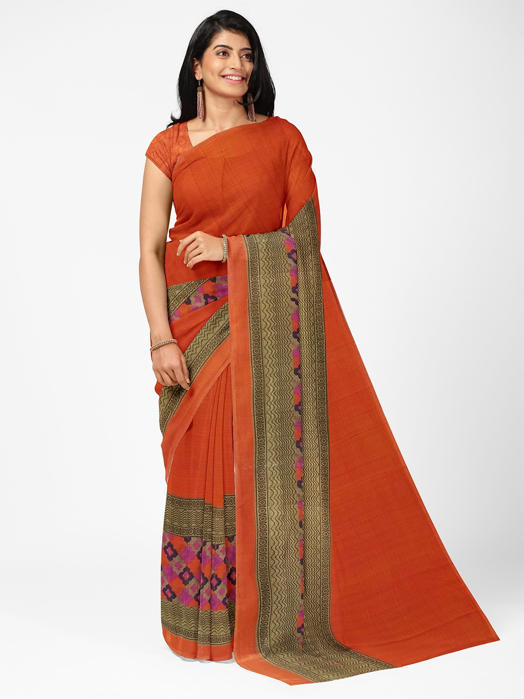 

KALINI Orange & Pink Ethnic Motifs Pure Georgette Fusion Dharmavaram Saree