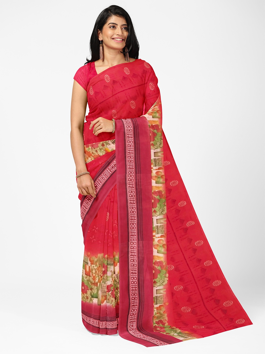 

KALINI Peach-Coloured & Green Floral Pure Georgette Dharmavaram Saree