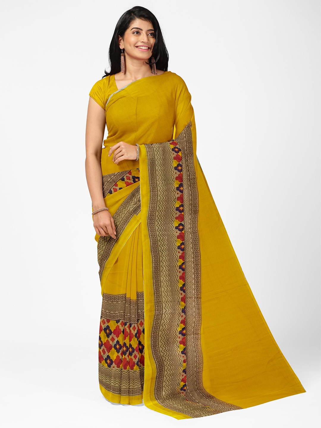 

KALINI Yellow & Pink Ethnic Motifs Pure Georgette Saree