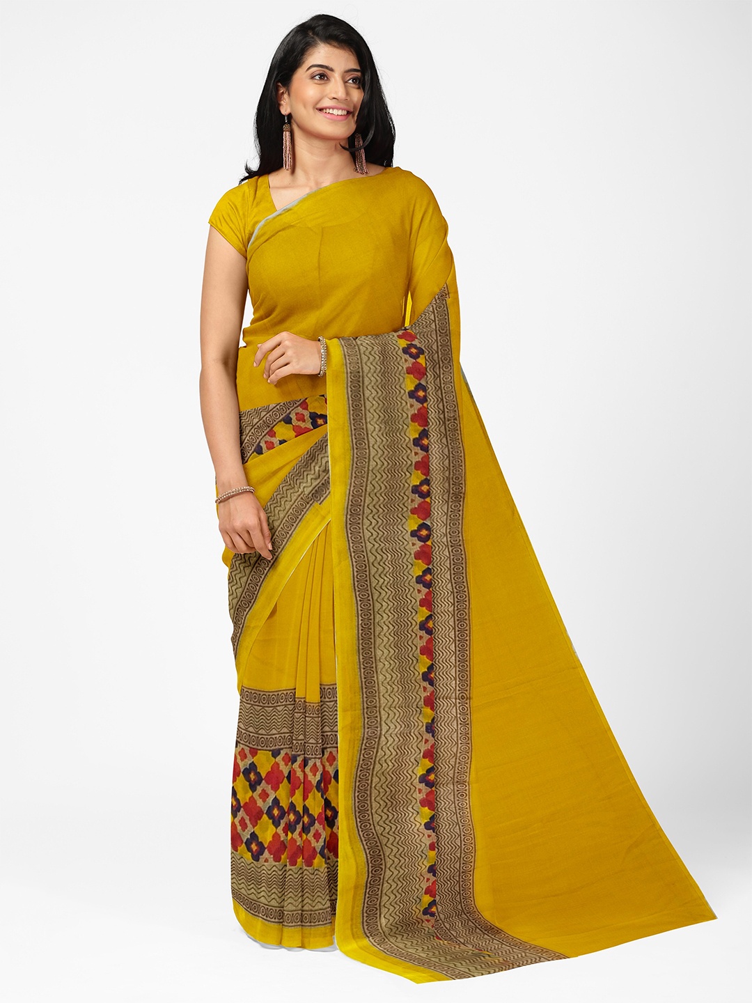 

Florence Yellow & Beige Ethnic Motifs Printed Pure Georgette Saree