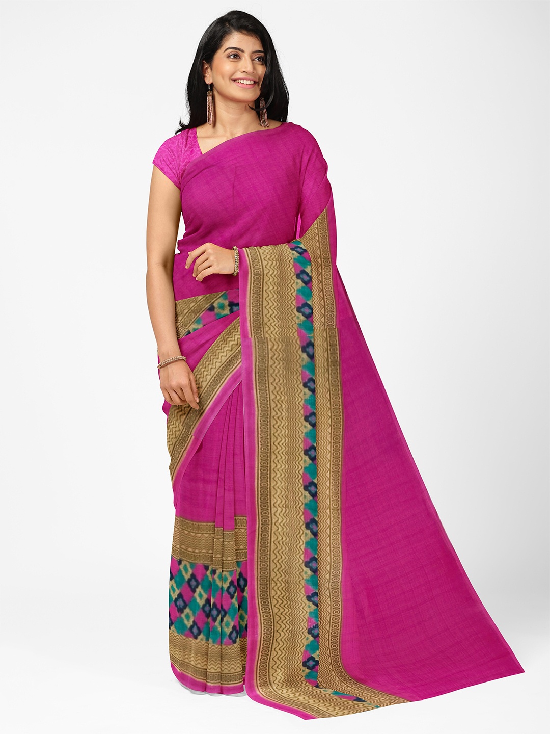 

Florence Pink & Beige Floral Pure Georgette Fusion Dharmavaram Saree