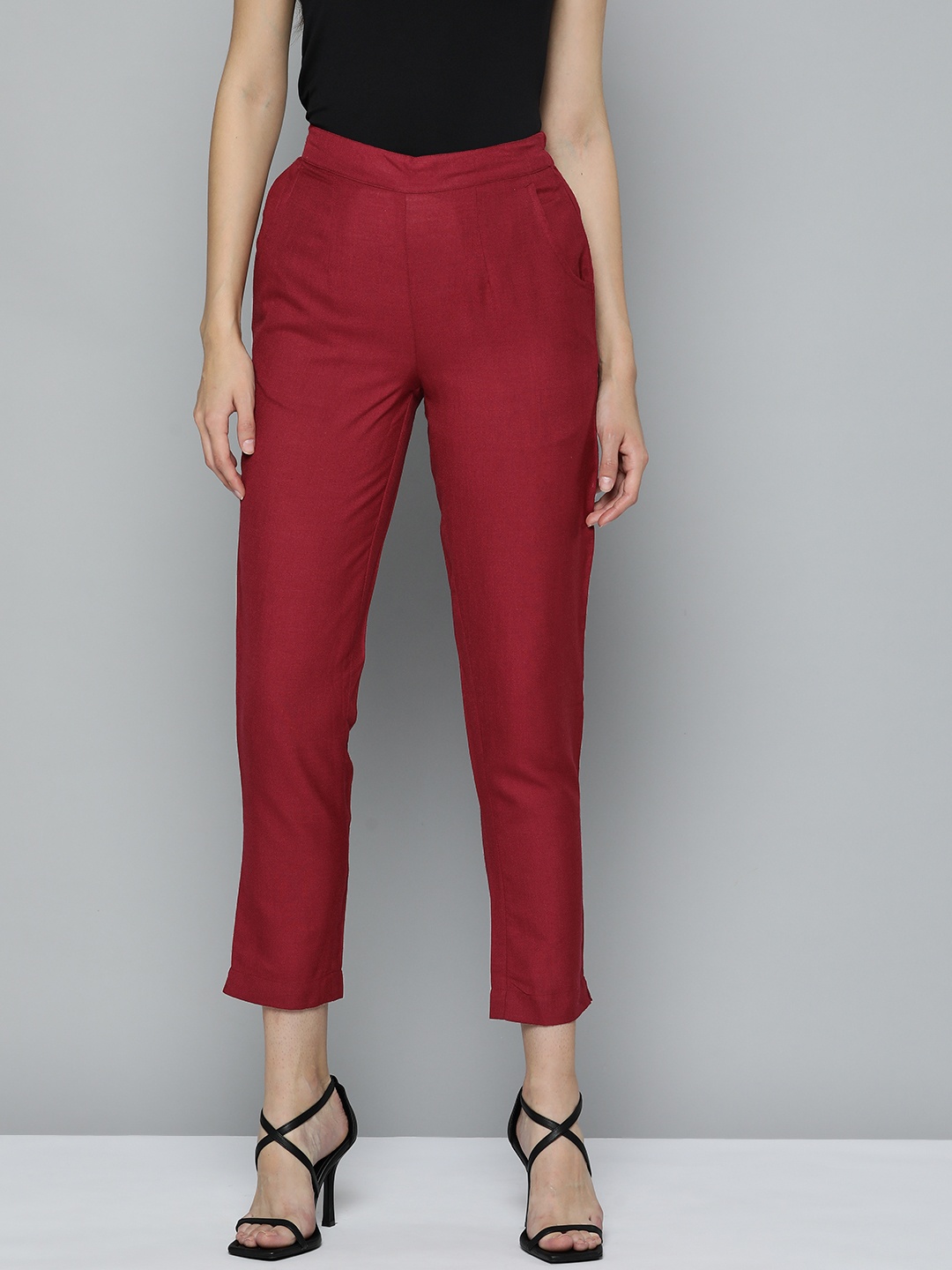 

HERE&NOW Women Red Slim Fit High-Rise Trousers