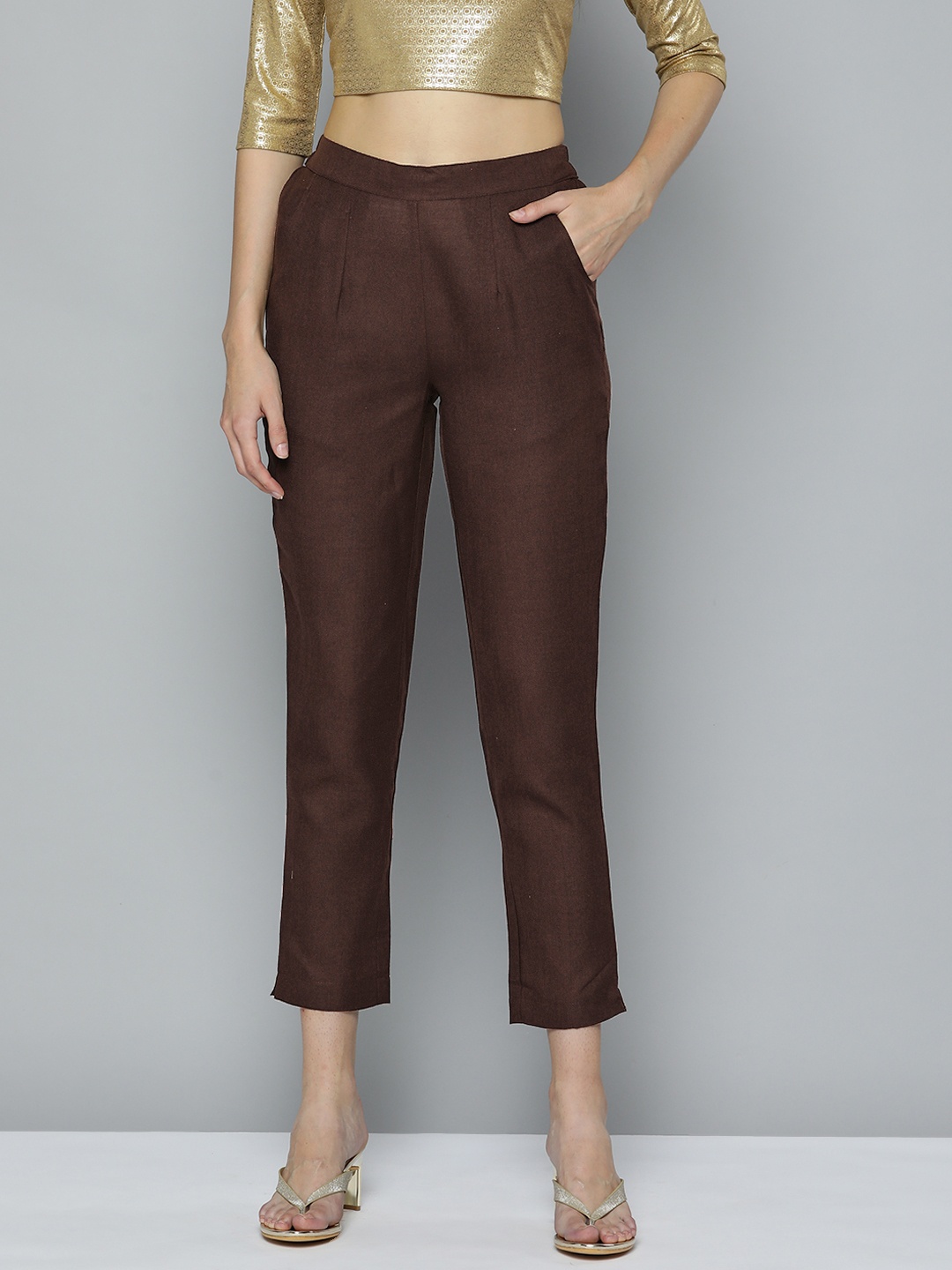 

HERE&NOW Women Brown Regular Fit High-Rise Pleated Trousers