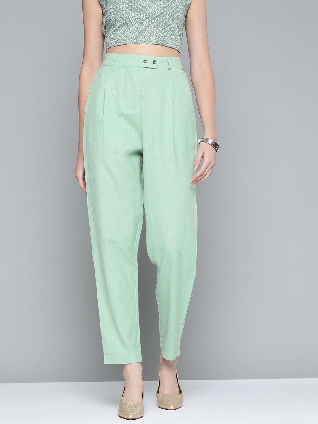 

HERE&NOW Women Green Straight Fit High-Rise Trousers